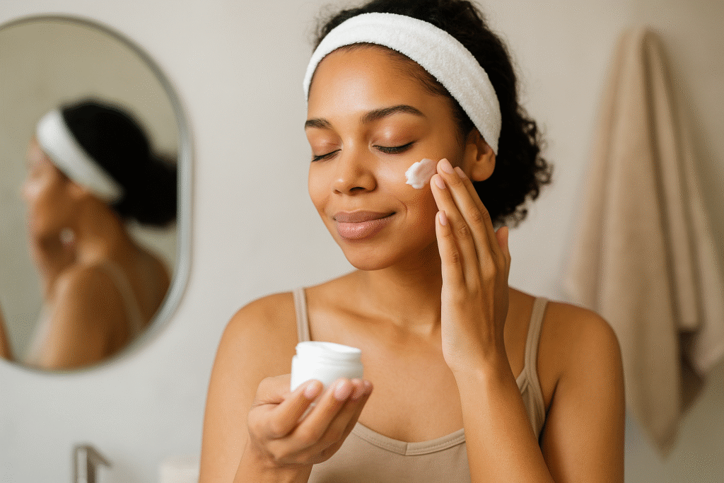 Woman applying moisturizing cream in a calm, softly lit bathroom routine.