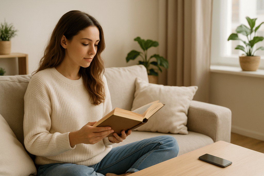 Woman reading a physical book during a digital detox, phone set aside, in a calm living room.
