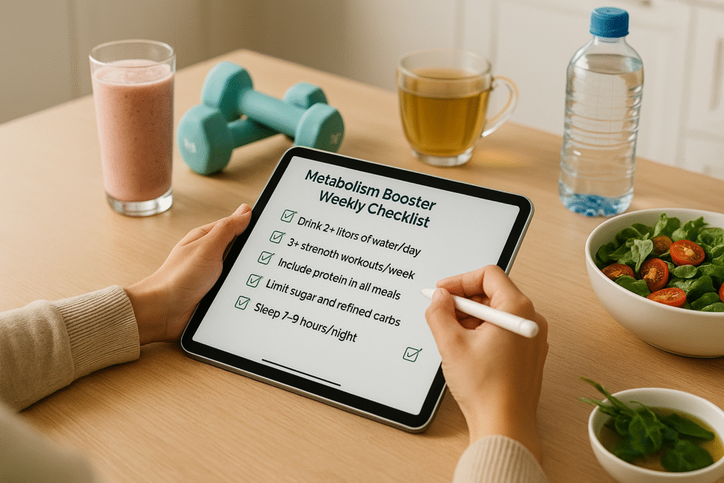 Person tracking metabolism-boosting habits on a checklist with healthy foods, tea, and dumbbells in a bright, modern space.