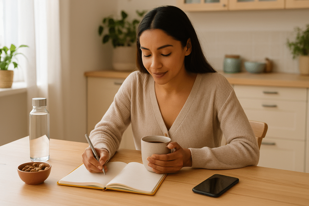 Latina woman journaling with tea in bright kitchen, surrounded by almonds, water, and calming morning light.