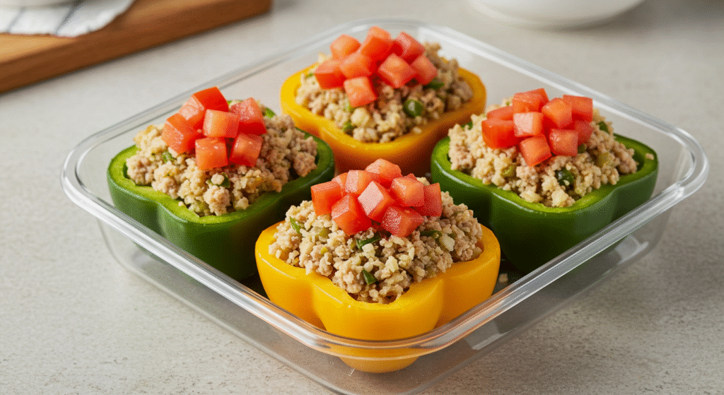 Stuffed bell peppers with turkey and cauliflower rice in a meal prep container