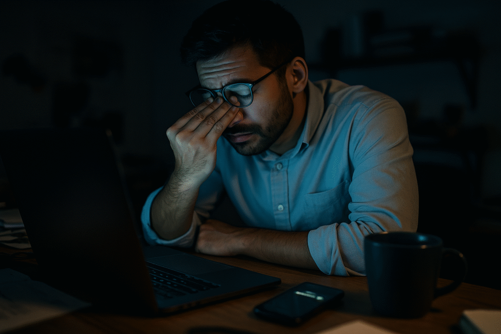 Fatigued worker rubbing eyes under blue screen light, showing mental drain from excessive screen time.