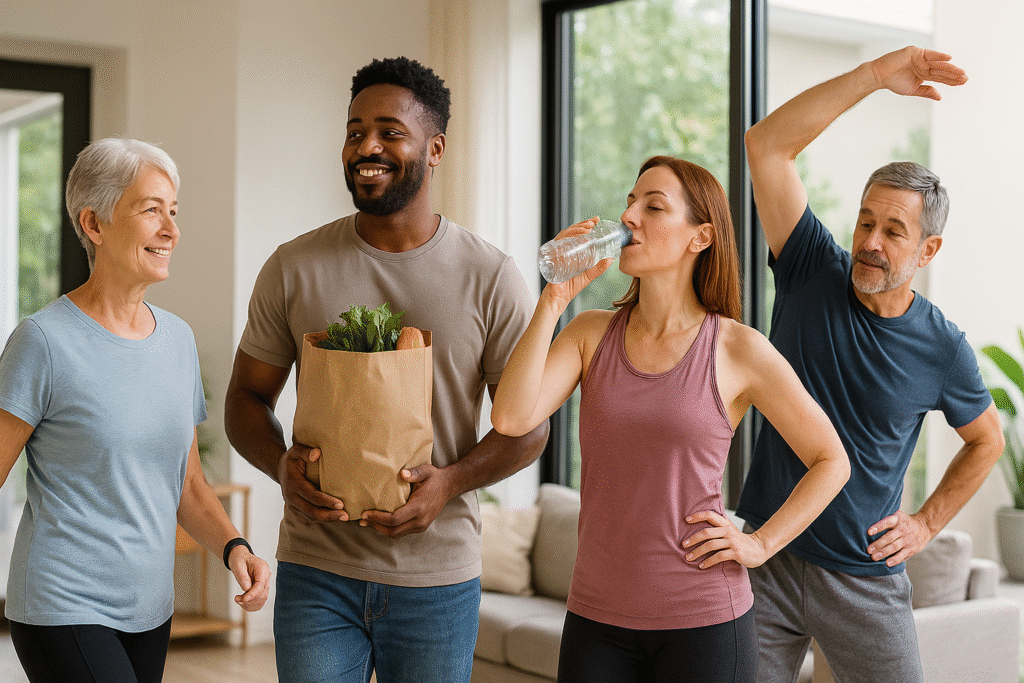 Diverse adults performing everyday activities like walking, lifting, and hydrating to illustrate natural metabolism processes.