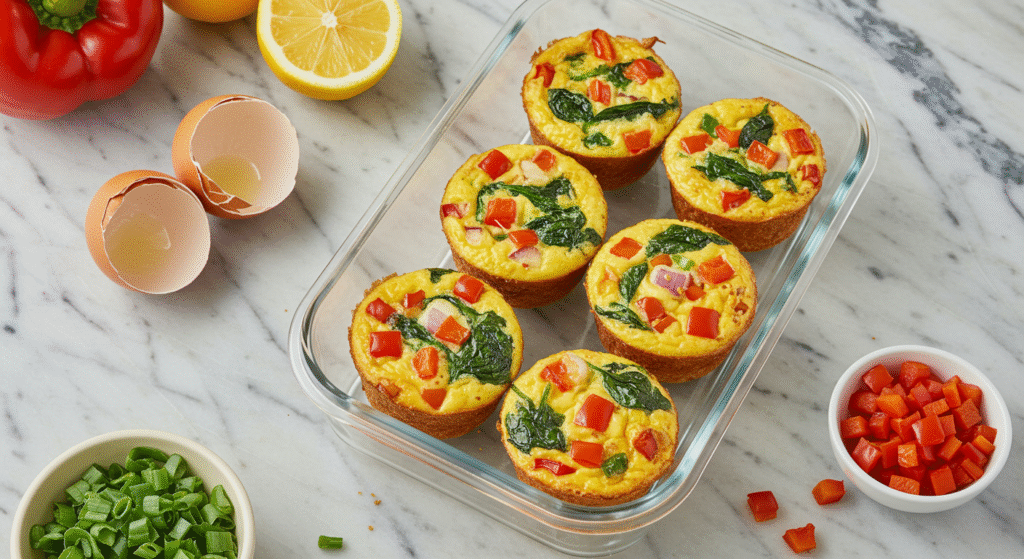 Egg muffins with spinach and peppers in a meal prep container for healthy breakfasts