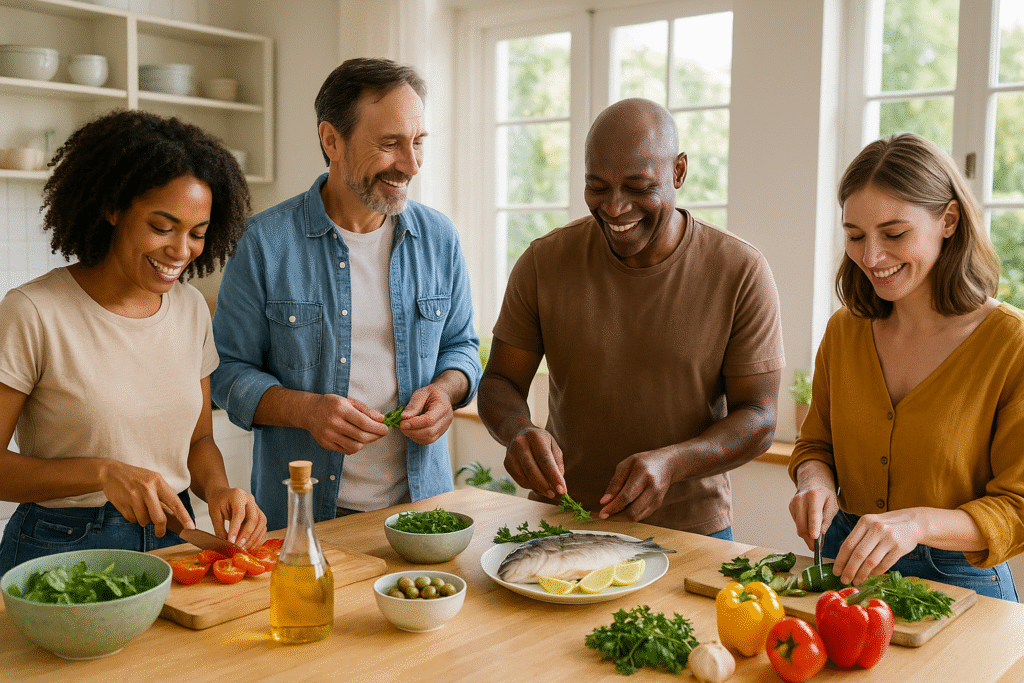 Diverse adults preparing Mediterranean meal with fresh vegetables, olive oil, and fish in a sunlit kitchen