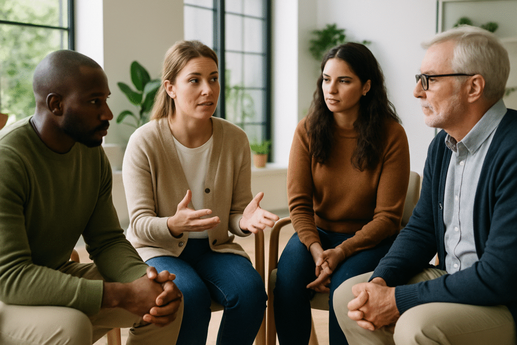 Four adults in support group discussion about anxiety, seated in bright wellness center with natural light.