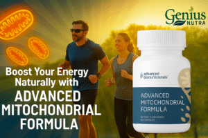 Advanced Mitochondrial Formula with mitochondria and energy theme