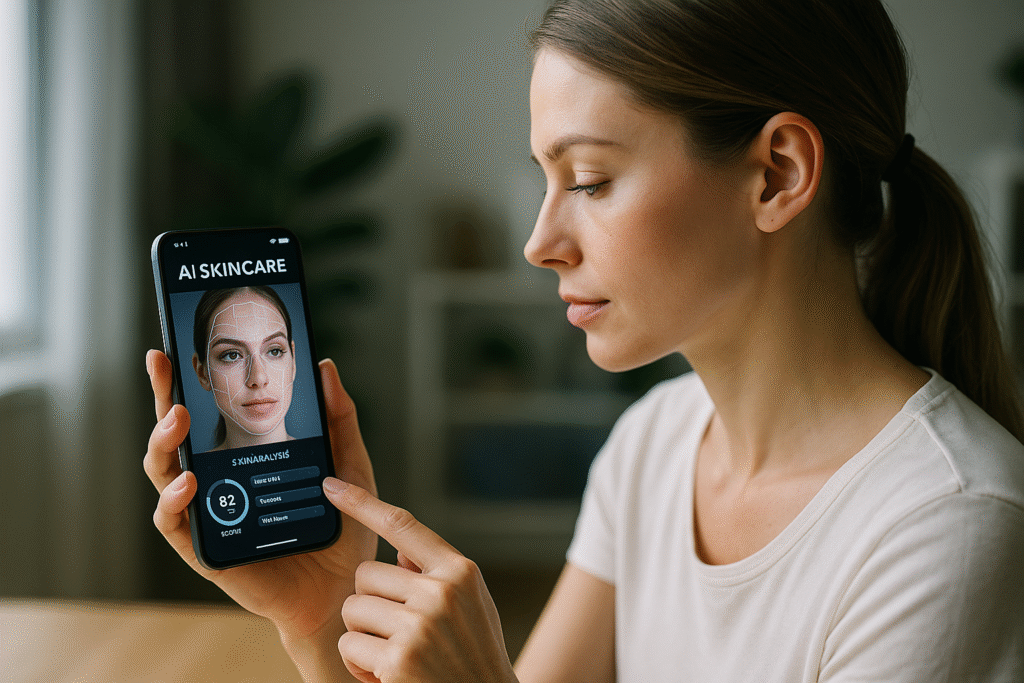 Woman using AI skincare app that shows facial analysis and skin condition metrics