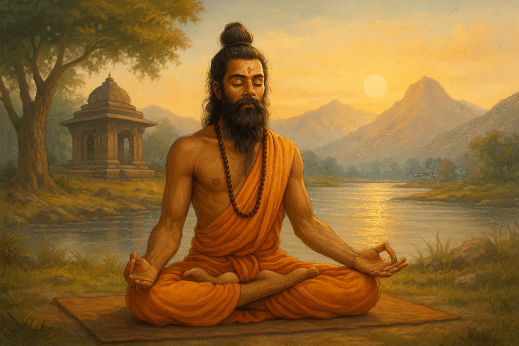 Ancient yogi meditating in nature symbolizing the historical origins of yoga in India