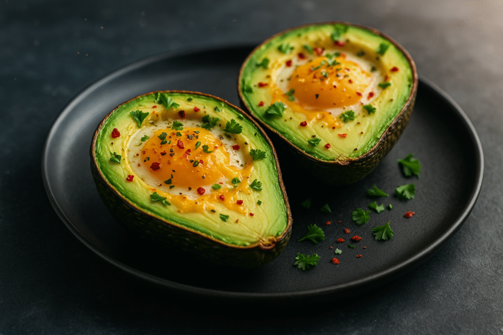 Horizontal image of baked avocado egg cups with herbs, chili flakes, and cheese on a black plate.