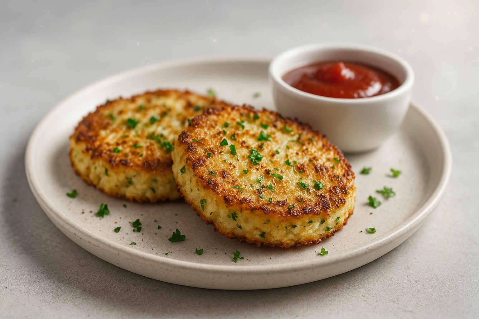 Golden cauliflower hash browns with herbs and green onions on a ceramic plate with a side of dipping sauce.