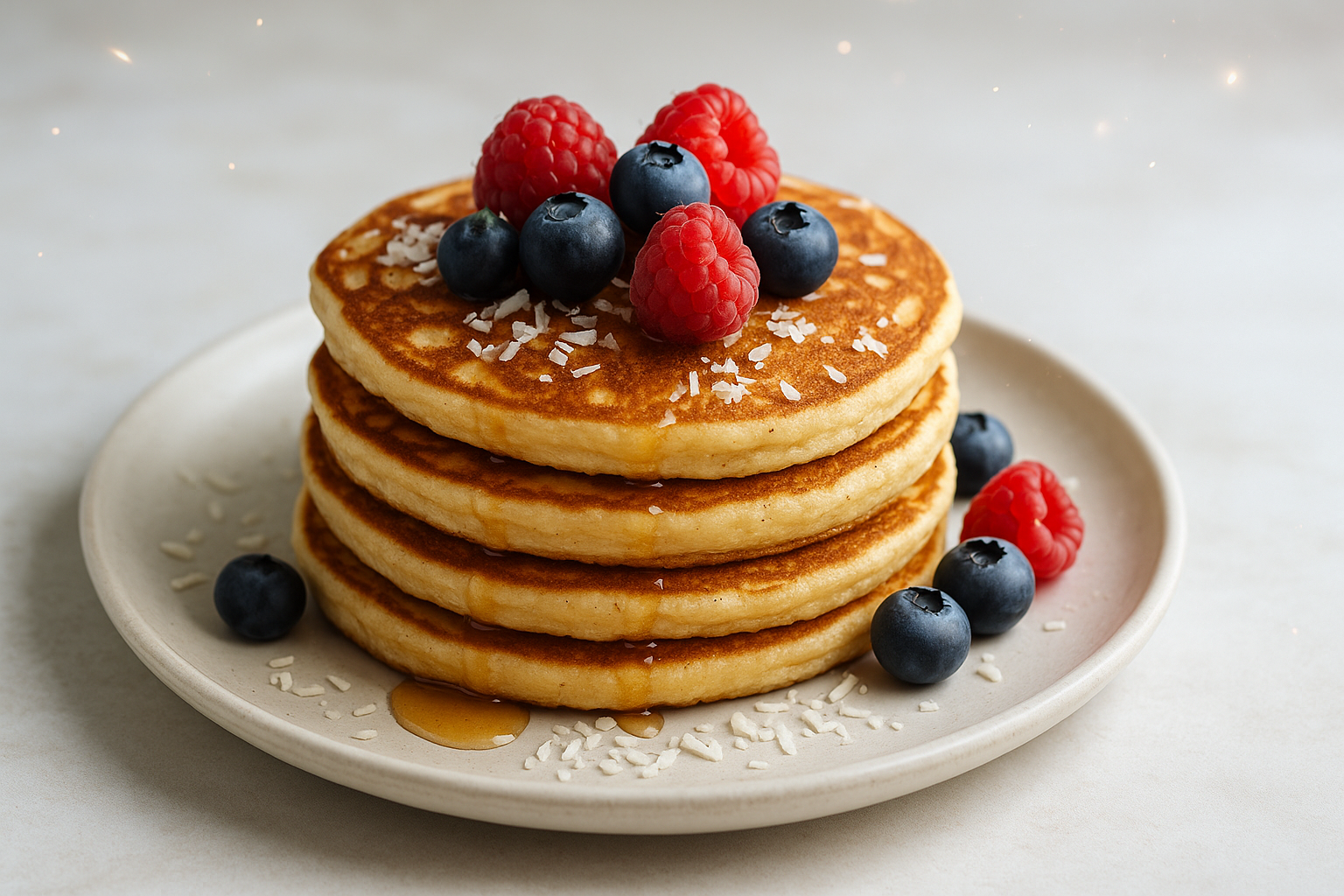 Low-carb coconut flour pancakes stacked with berries, syrup, and coconut flakes on a clean white plate.