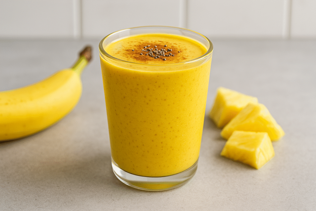 Horizontal view of turmeric golden smoothie in glass with banana and pineapple on kitchen counter