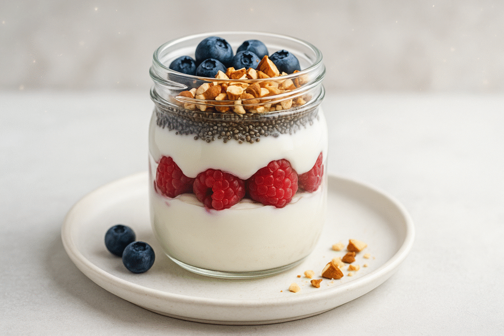 Low-carb Greek yogurt parfait with berries, chia, and almonds in a clear jar on a modern white plate.