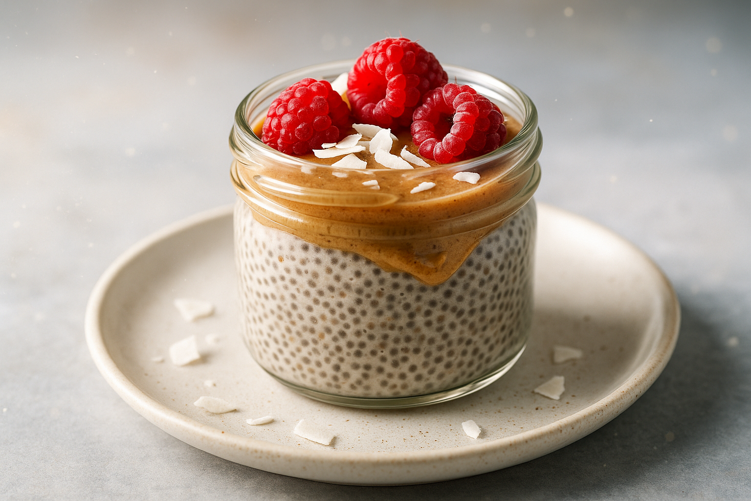 Keto chia pudding in a clear jar with almond butter, coconut flakes, and berries on top.