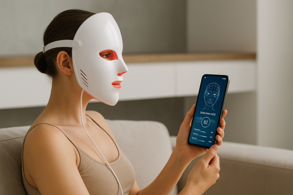 Woman wearing AI LED skincare mask while reviewing personalized skin metrics on smartphone