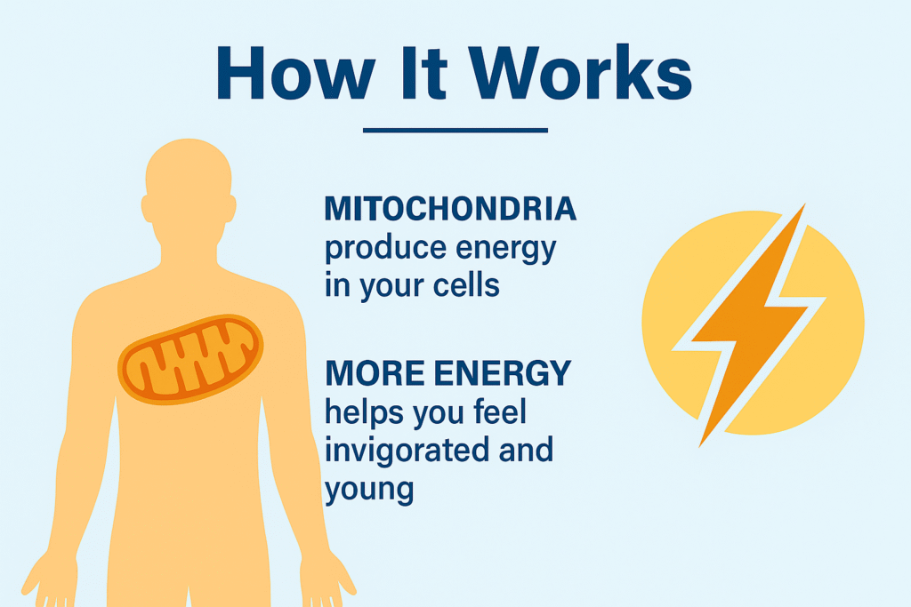 Diagram showing how mitochondria produce energy with CoQ10 and PQQ