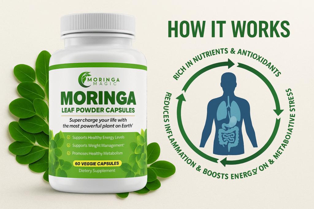 Visual explanation of how Moringa Magic improves health and energy