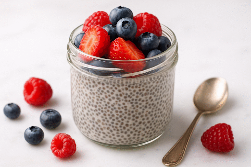 Creamy chia pudding topped with berries in a glass jar on marble surface