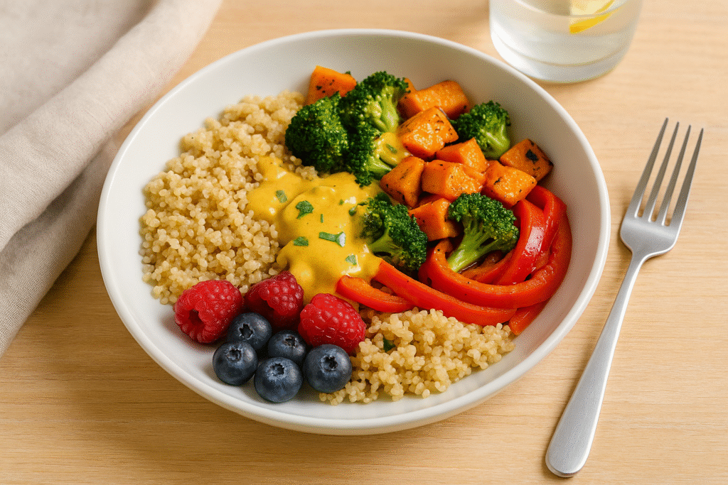Bowl of quinoa with roasted sweet potato, broccoli, and bell peppers topped with tahini turmeric dressing