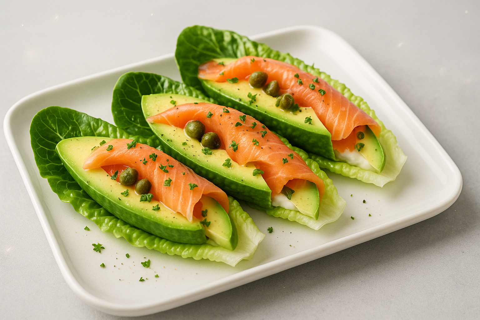 Smoked salmon lettuce wraps with avocado and cream cheese, arranged on a white plate with a clean background.