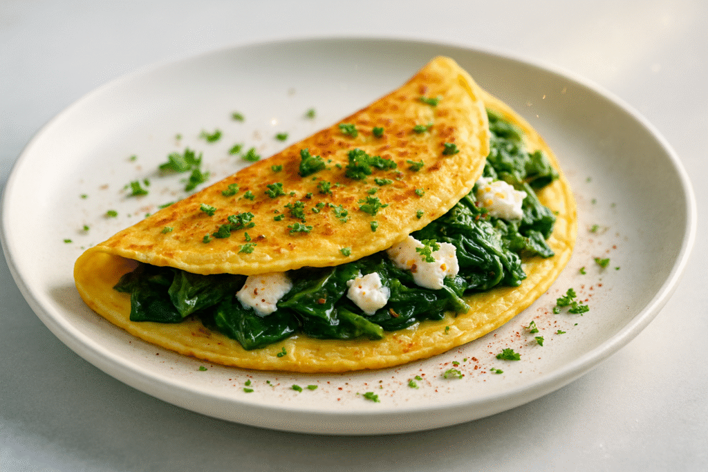 Golden spinach and feta omelet on a white plate, garnished with herbs and black pepper.