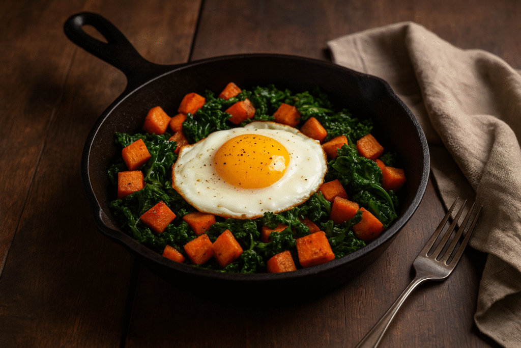 Skillet of sautéed sweet potatoes and kale topped with a fried egg on a wooden table
