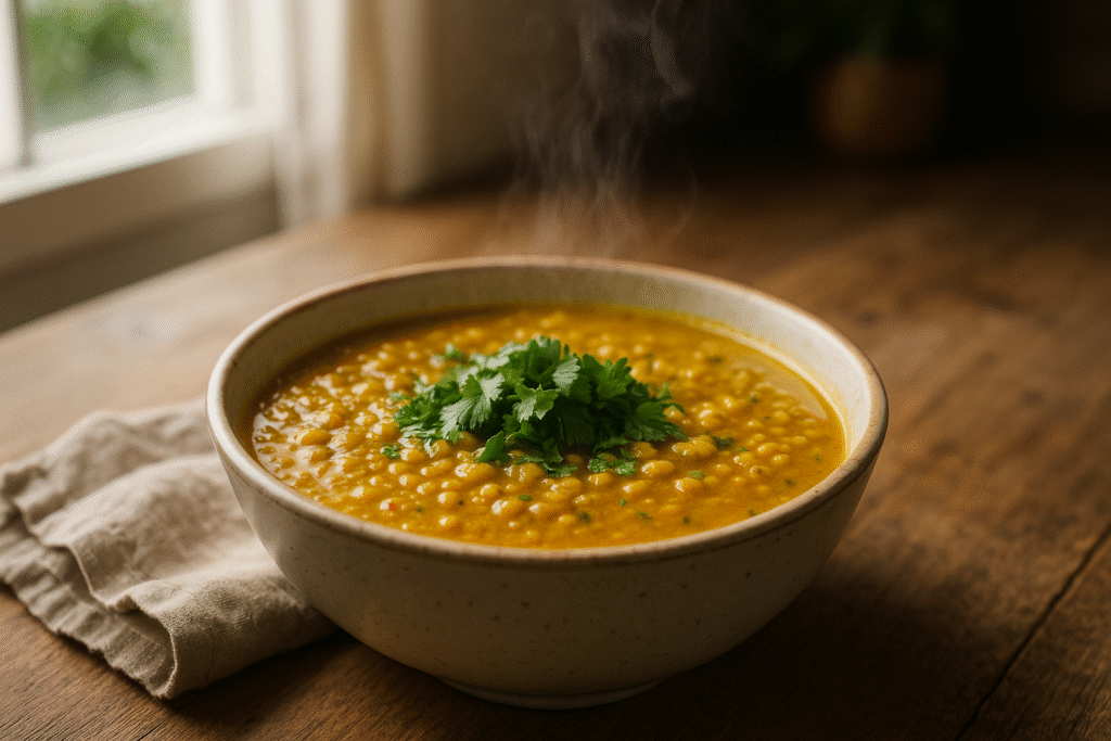 Golden turmeric ginger lentil soup in a bowl with steam and cilantro garnish on a wooden table