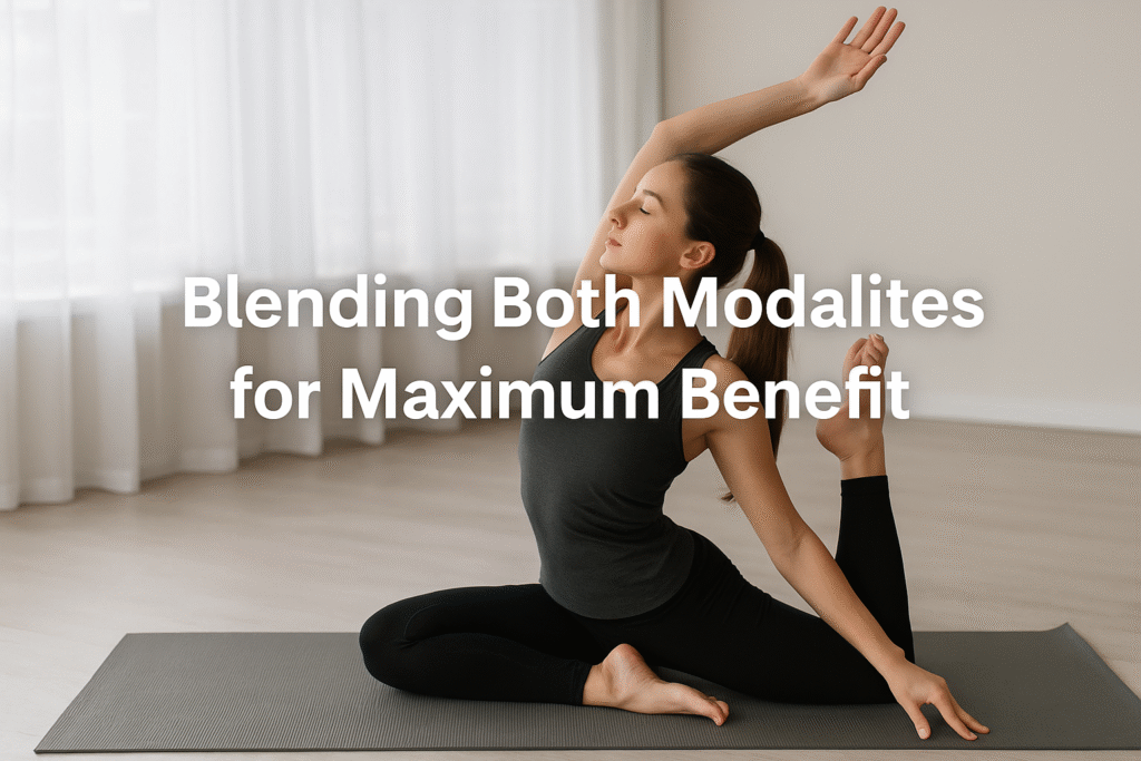 Two people practicing yoga and Pilates side by side in a balanced session