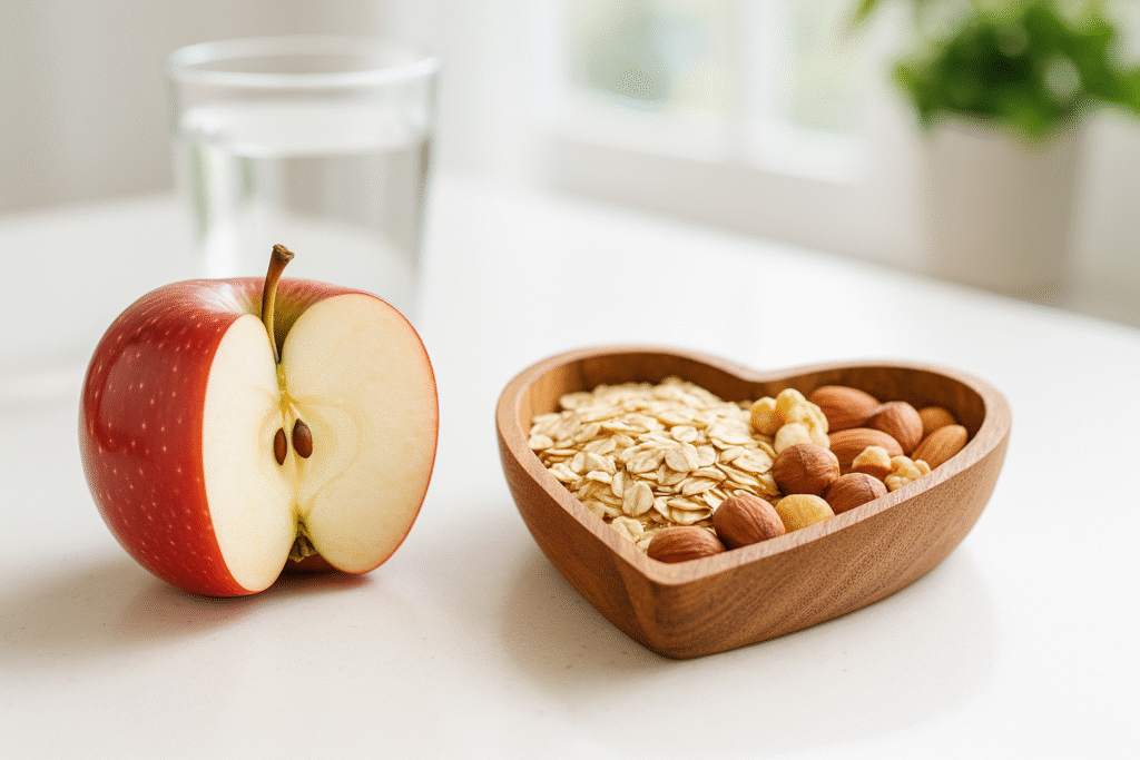 Halved red apple with oats and nuts in a heart-shaped bowl promoting cholesterol and heart health naturally