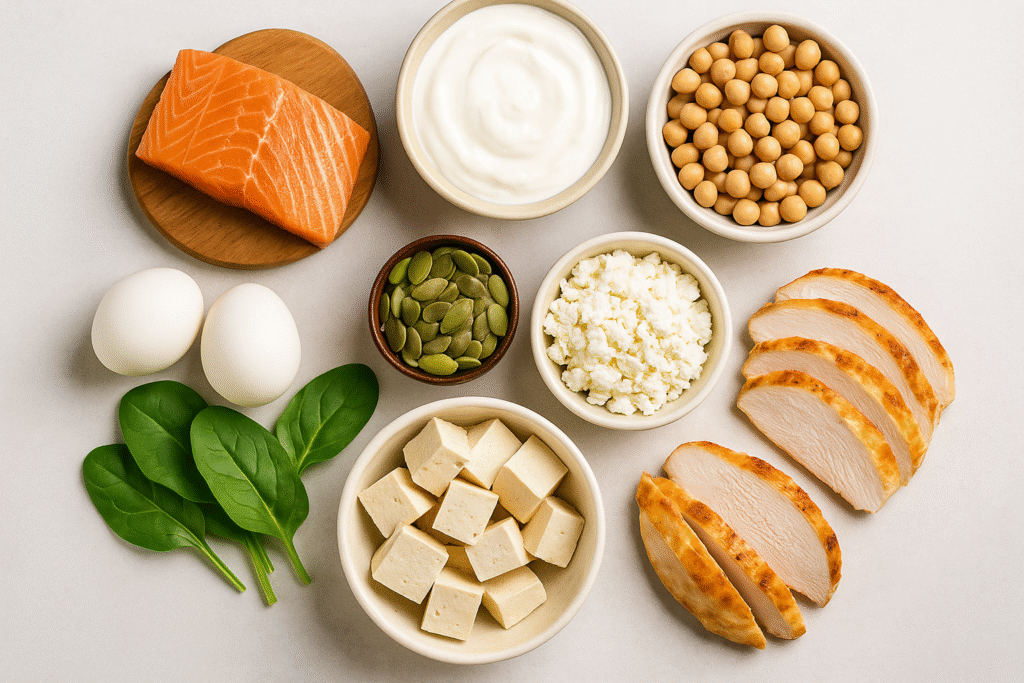 Assorted high-protein whole foods including salmon, yogurt, eggs, chickpeas, cottage cheese, and tofu for structured diet planning