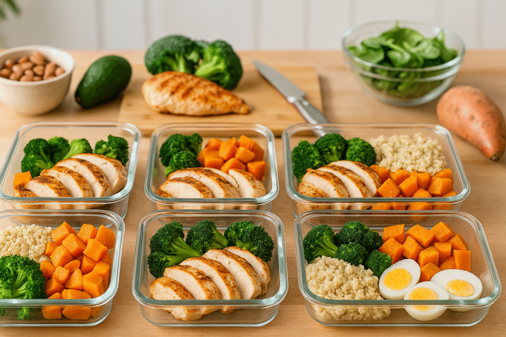 Meal prep containers filled with high-protein foods like chicken, quinoa, and vegetables for efficient weight loss planning