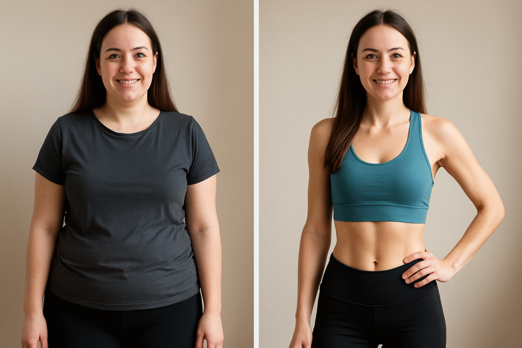 Smiling woman holding a no sugar sign and tray of healthy food—representing what happens when you quit sugar for 30 days.