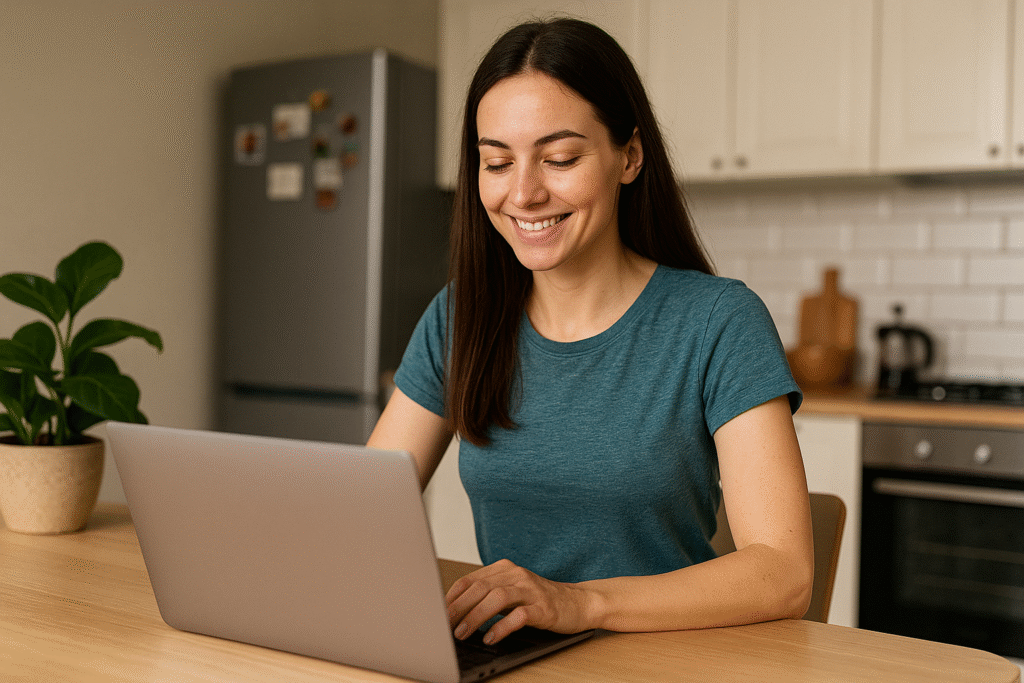 Happy woman working on laptop in calm kitchen—reflecting mental clarity and focus from quitting sugar for 30 days.