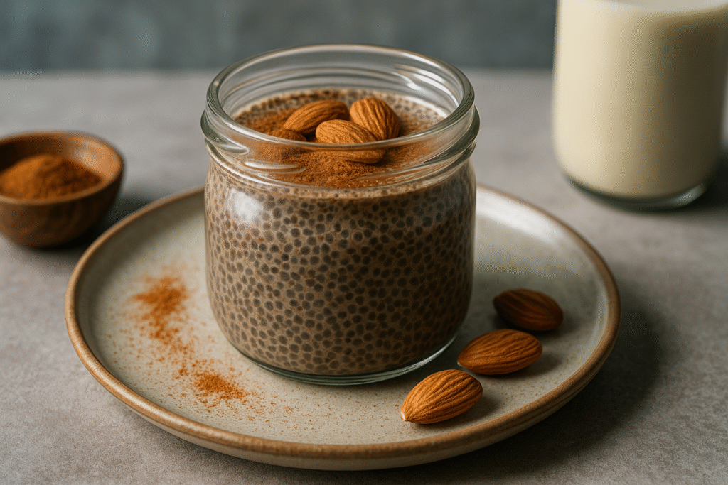 Horizontal image of chia pudding topped with cinnamon and almonds in a glass jar on a ceramic plate.