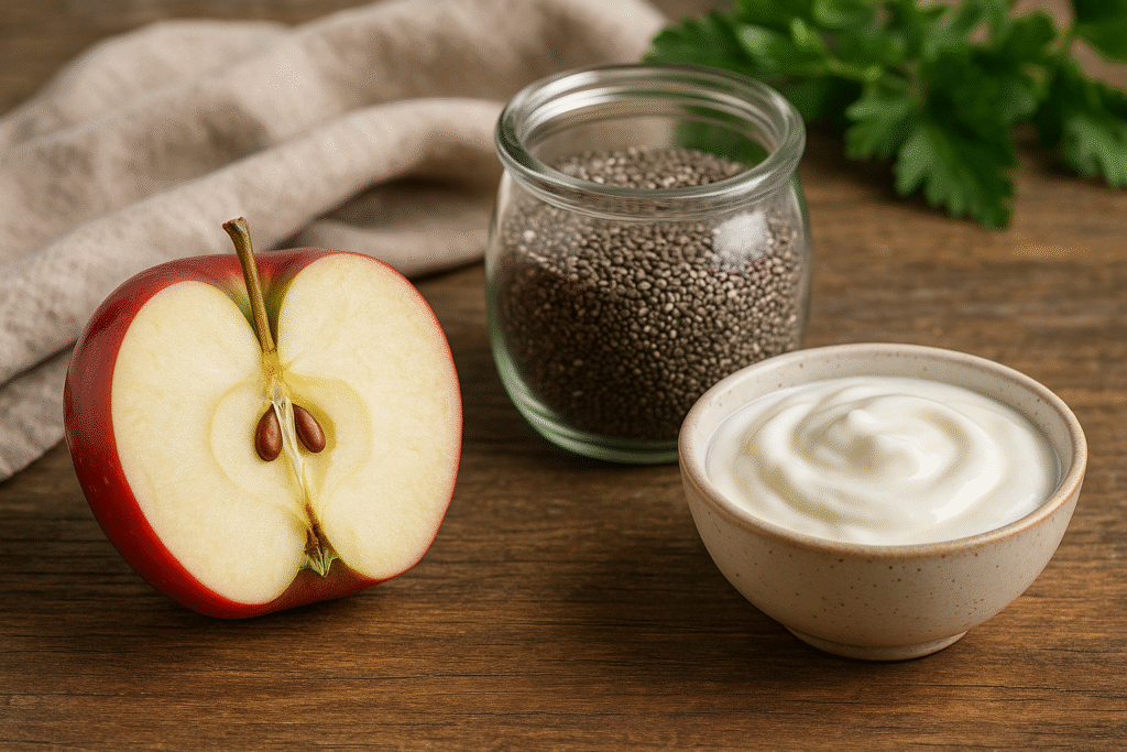 Red apple with chia seeds and yogurt on a rustic table symbolizing natural gut microbiome and digestion support