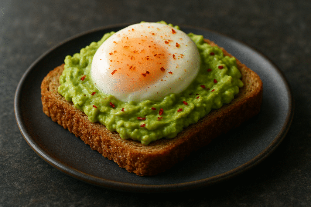 A close-up of avocado toast topped with a poached egg and chili flakes on a ceramic plate.