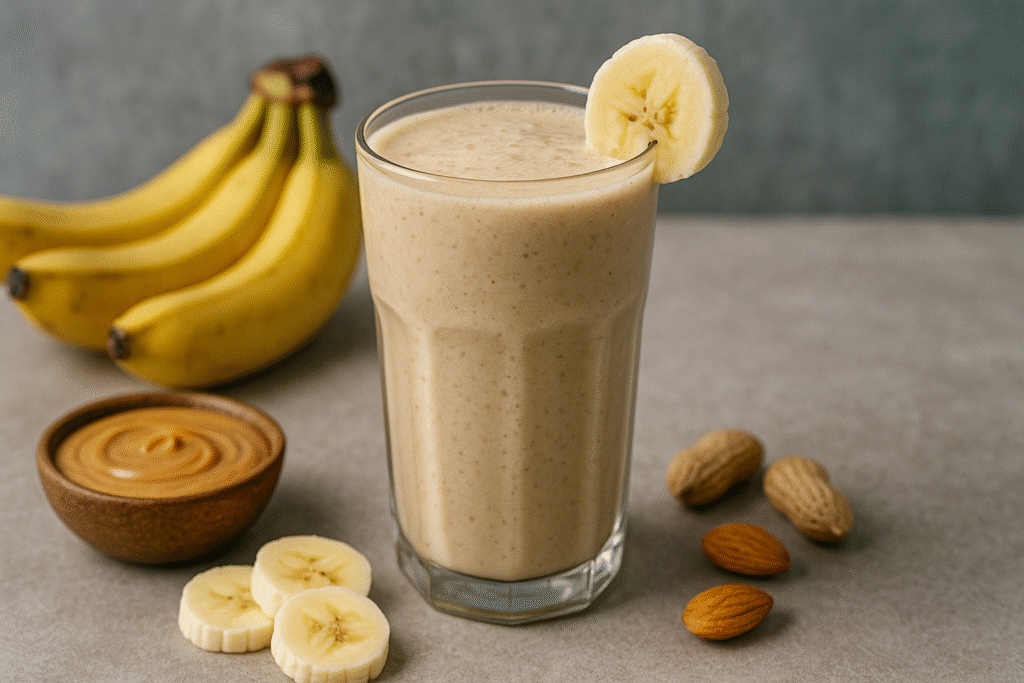 Horizontal image of banana peanut butter smoothie in a glass, with sliced bananas and peanut butter beside it.