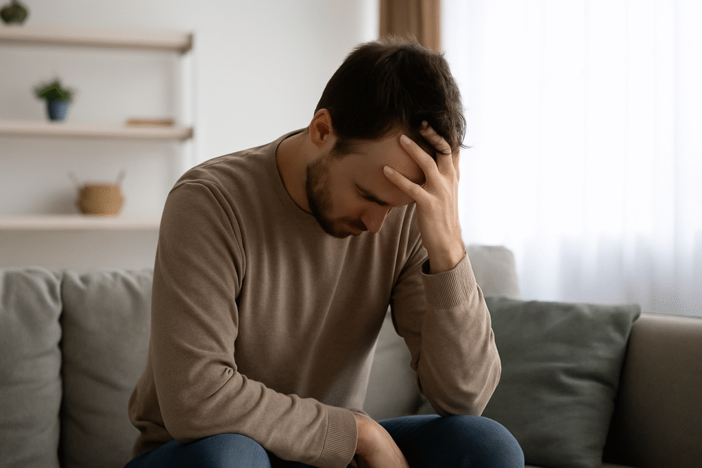 Man sitting with head down, showing early behavioral signs of mental health struggles at home