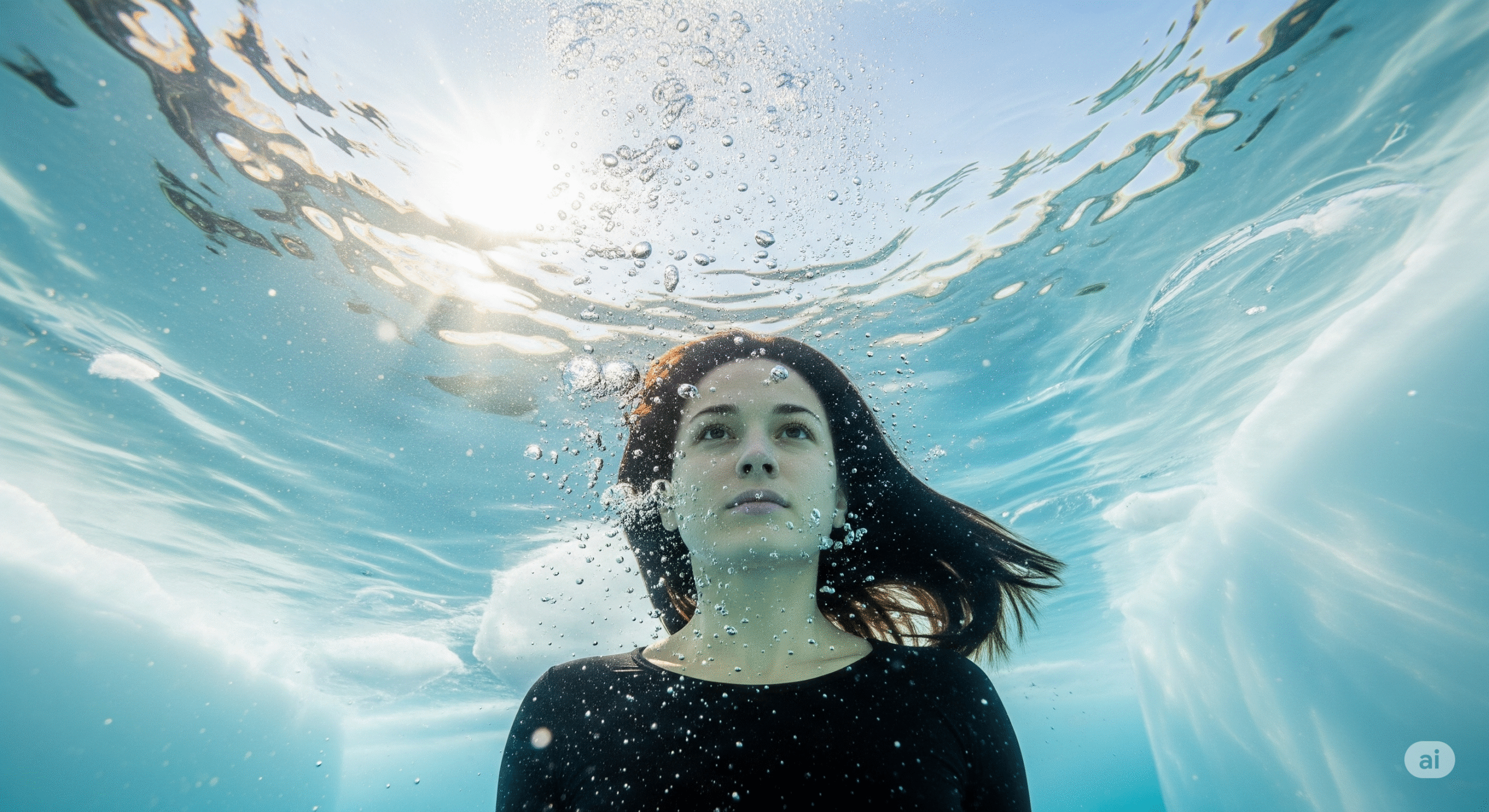 A woman immersed in an ice bath, representing the mental clarity and resilience gained from exposure to cold.