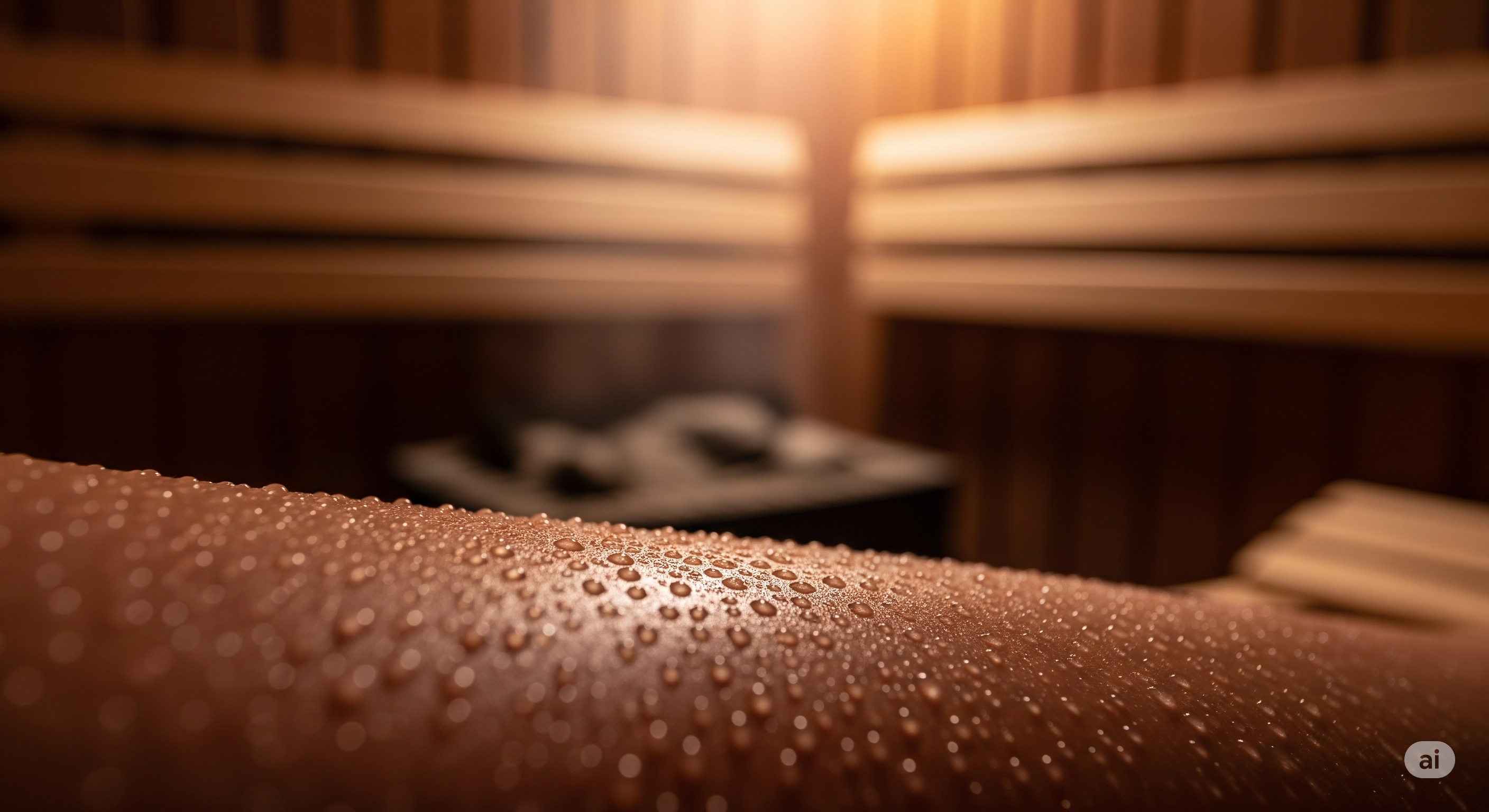 Close-up of skin sweating in a sauna, illustrating the detoxification process and cardiovascular benefits of heat.
