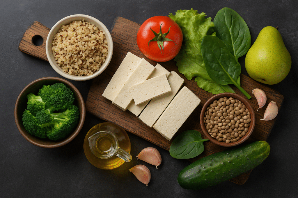 Horizontal image of vegetarian foods for blood type A including tofu, broccoli, spinach, lentils, quinoa, and pear