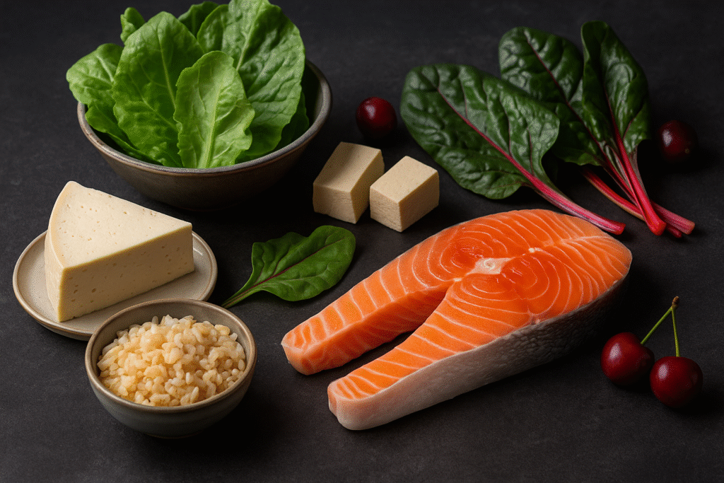 Horizontal image of blood type AB foods including salmon, cheese, tofu, brown rice, and leafy greens