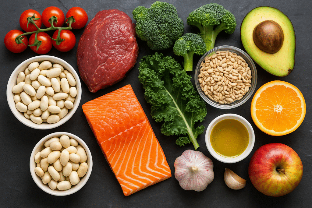 Horizontal image of healthy foods for blood type O including salmon, lean beef, kale, avocado, and garlic