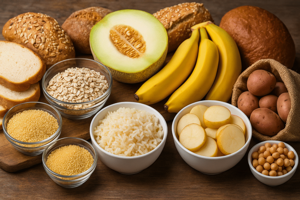 Balanced meal prep showing cooked whole grains, vegetables, and lean protein with slow-digesting carbs