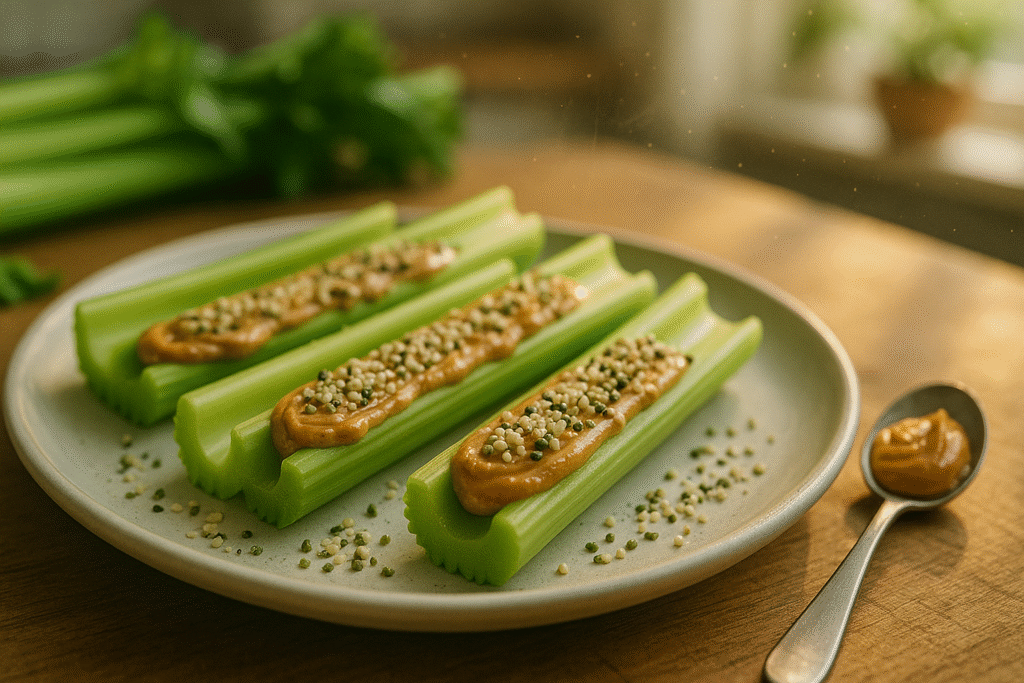 Celery sticks with peanut butter and hemp seeds on a ceramic plate with warm lighting