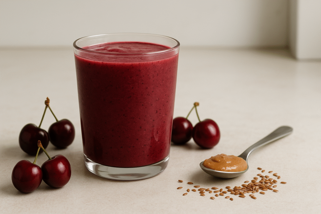 Cherry almond smoothie on a kitchen counter with almond butter and flaxseeds.