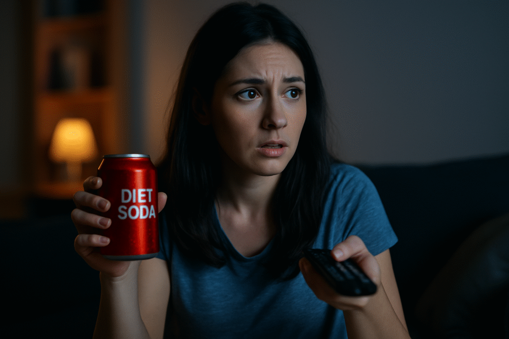 Woman showing signs of anxiety while drinking Coke Zero at night, highlighting brain chemistry effects of artificial sweeteners.