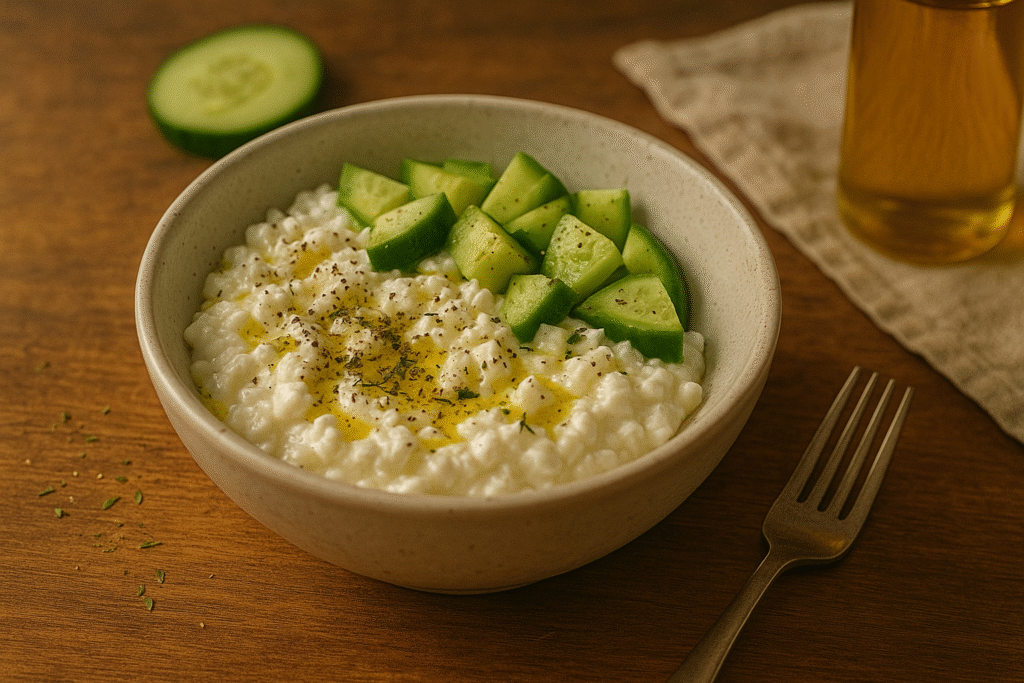 Bowl of cottage cheese topped with cucumber, olive oil, herbs and black pepper on wooden table