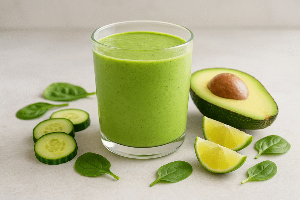 Cucumber avocado smoothie with fresh greens and lime on a modern kitchen counter.